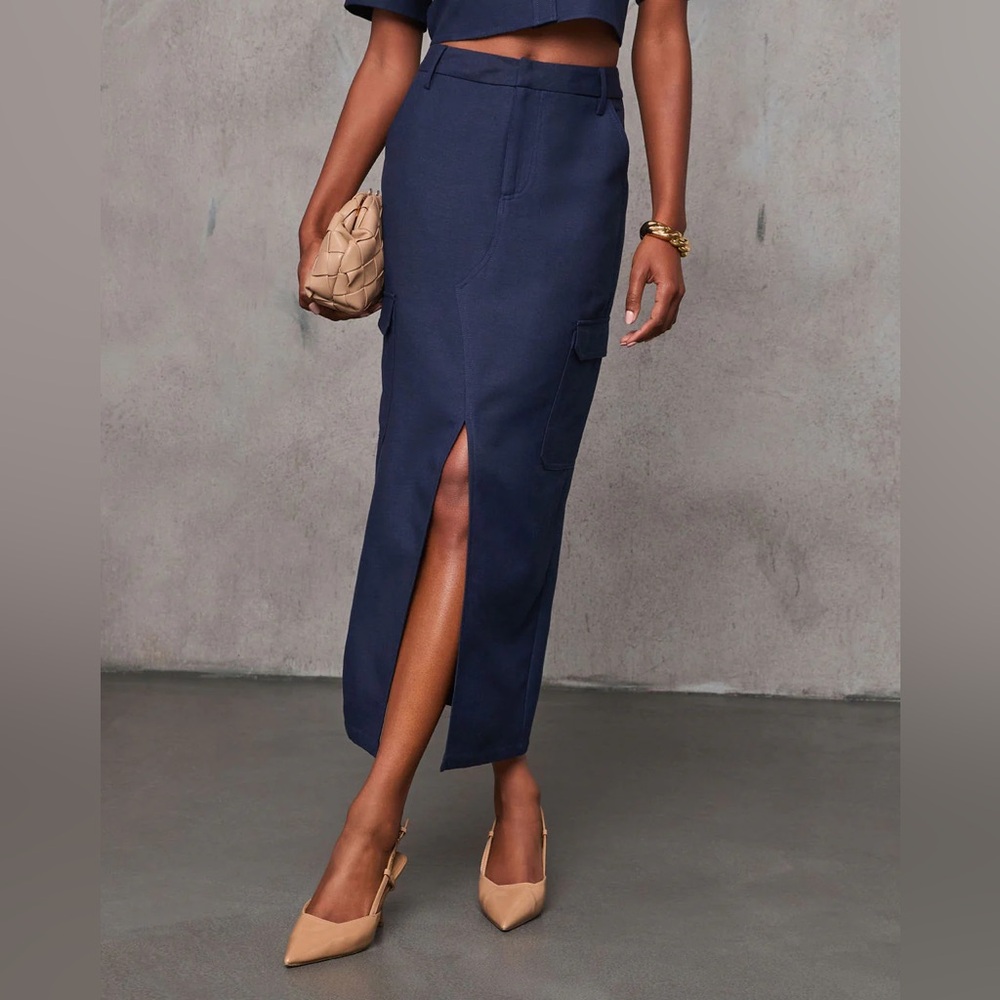 Zayna Front Slit Midi Skirt Elegant Navy Skirt Size Medium